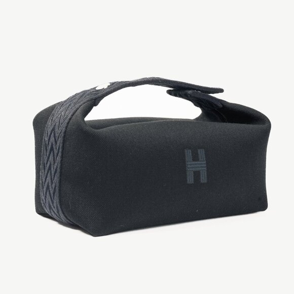 Hermes Bride-a-Brac Small Model Noir Canvas & Bleu Nuit Chevron Strap Case - Picture 2 of 14